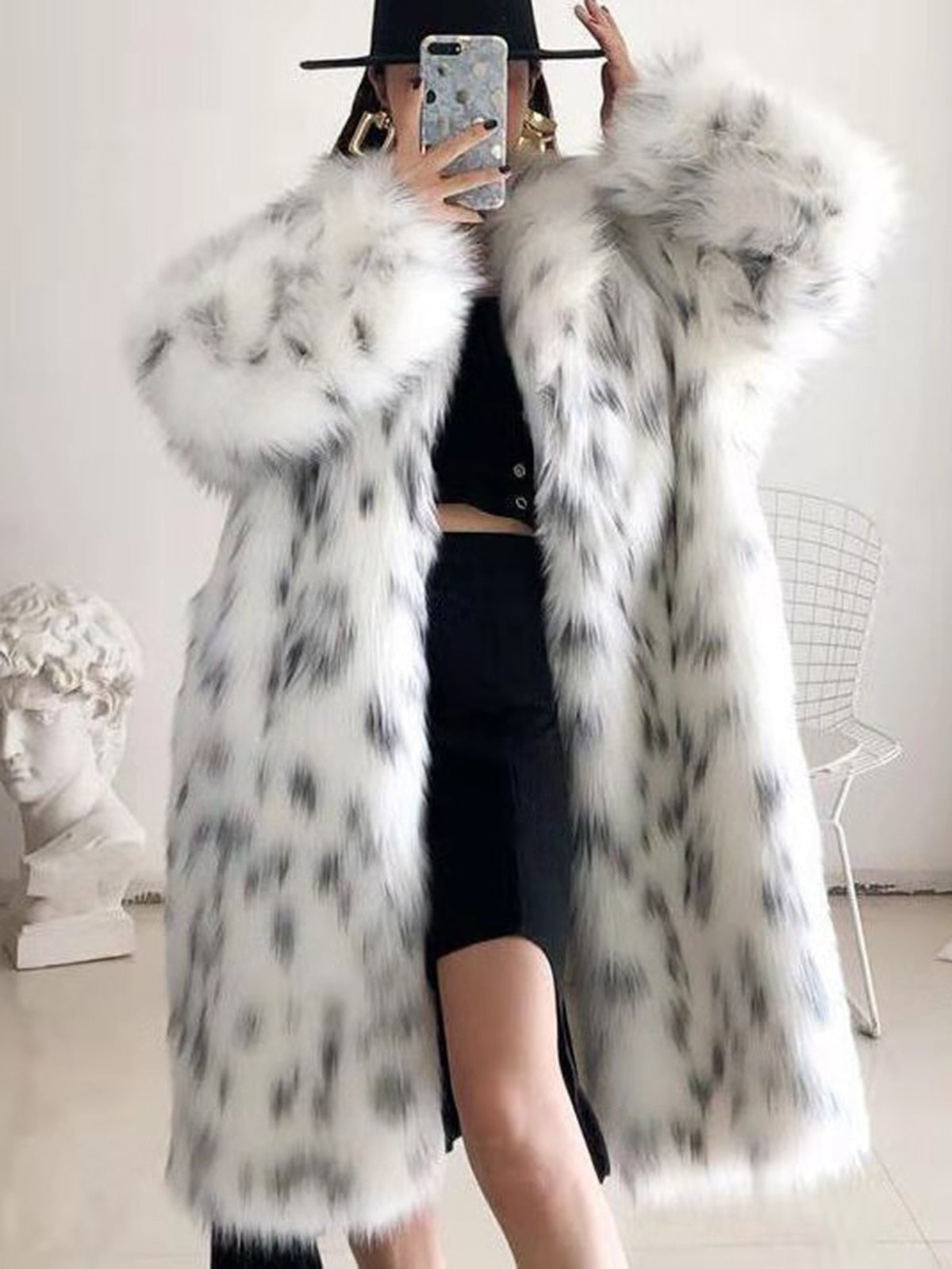 Sharon Tatem - Faux Fox Fur Coat - Casual Snow Leopard Print Fur Jacket - Thick Warm Mid-Long Plush Outer -