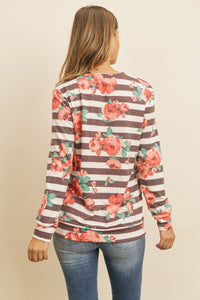 Thumbnail for Riah Fashion - Round Neck Floral Striped Pullover - 1 COLOR -