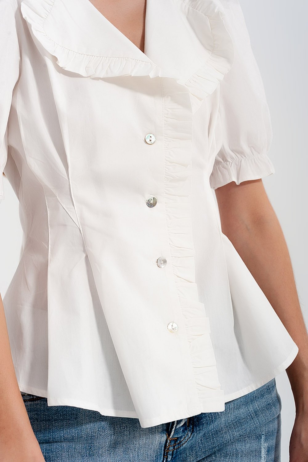 Q2 - Poplin Frill Detail Wrap Blouse in Cream - 1 COLOR -