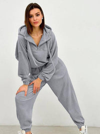 Thumbnail for Half Zip Drawstring Hoodie and Pants Set - 2 PCS. - T - 5 COLORS -