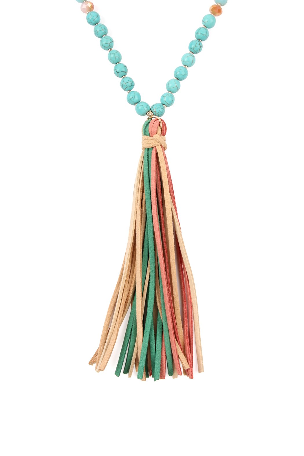 Riah Fashion - Colorful Natural Stone Glass Beads Leather Tassel Necklace - 7 COLORS -