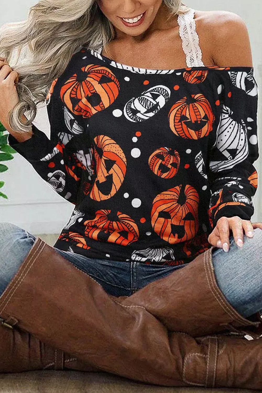 One Shoulder Jack-O'-Lantern Graphic Sweatshirt - T - 1 COLOR -