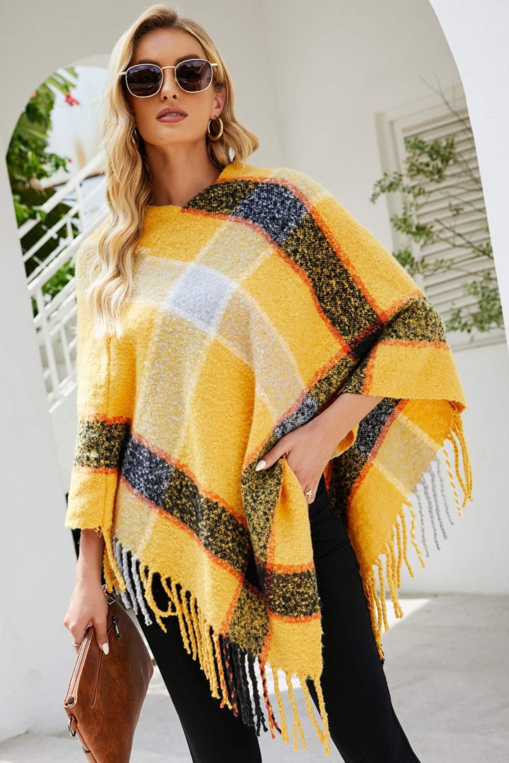 Plaid Fringe Detail Poncho - T - 7 COLORS -