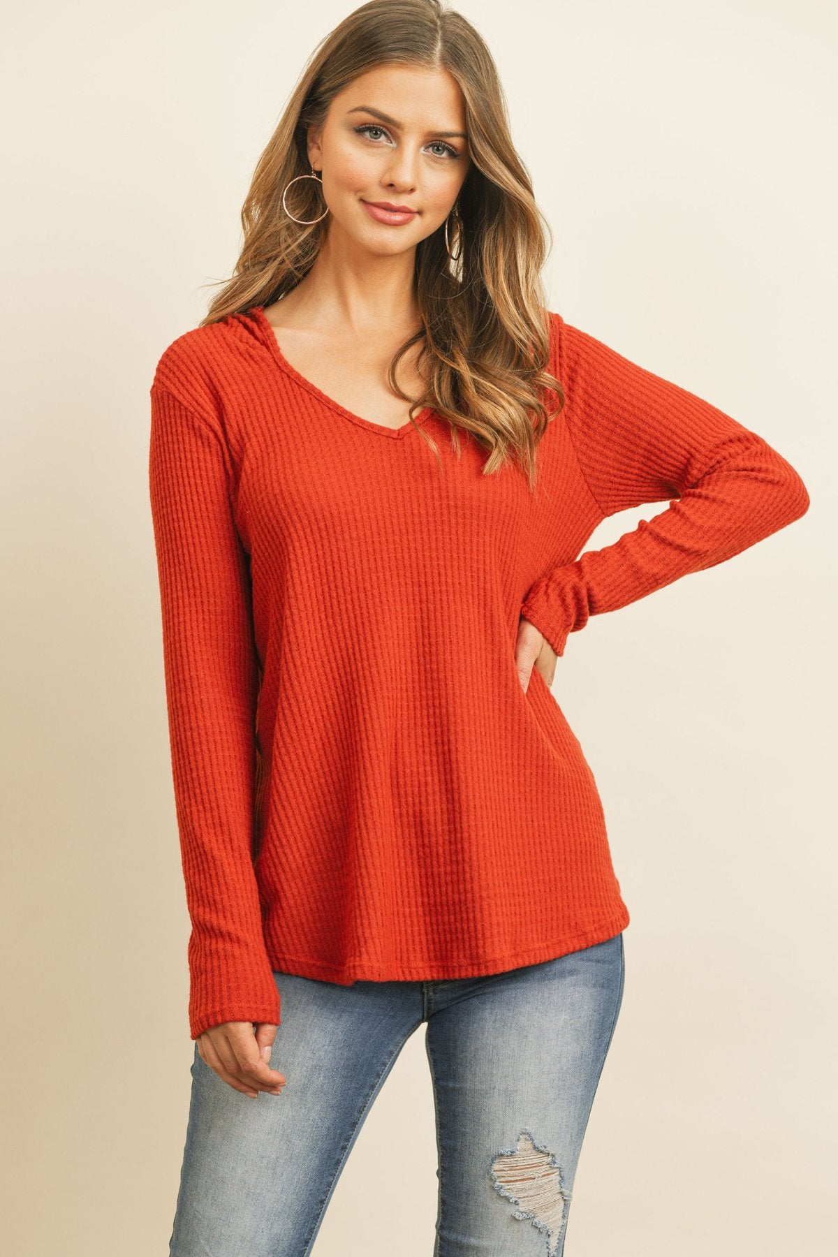 Riah Fashion - V-Neck Long Sleeved Waffle Top - 7 COLORS -