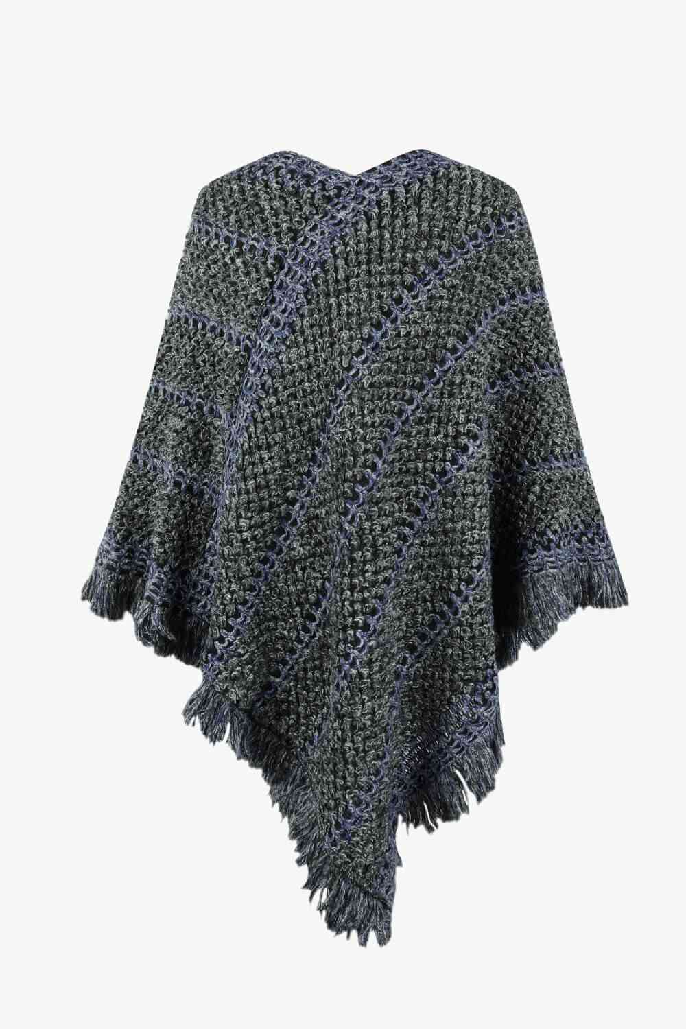 V-Neck Fringe Hem Poncho - ONE SIZE - T - 6 COLORS -