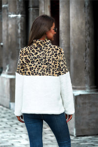 Thumbnail for Leopard Color Block Half-Zip Collar Teddy Sweatshirt - T - 1 COLOR -