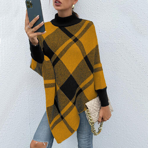 Plaid Turtleneck Poncho - T - 1 COLOR -