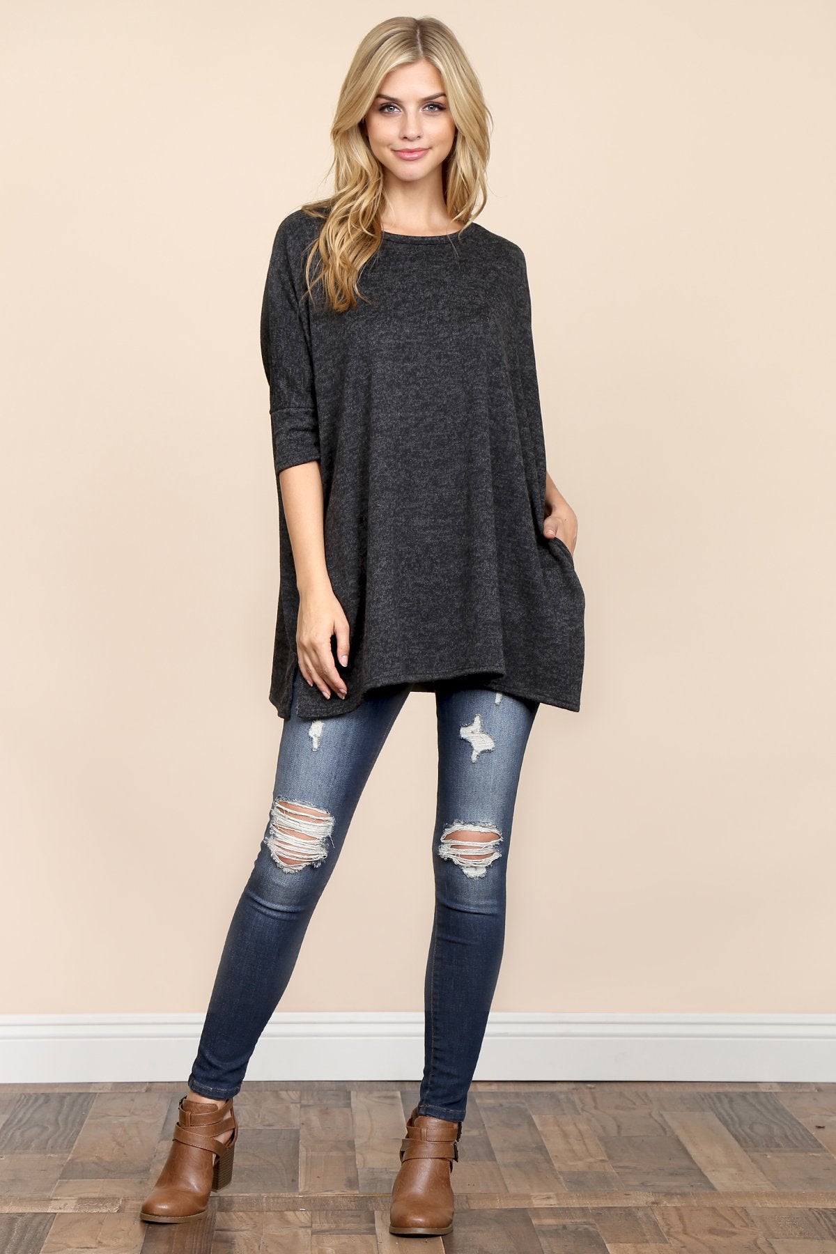 Riah Fashion - Two Tone Hacci Oversized Dropped Shoulder Pocket Tunic - 3 COLORS -