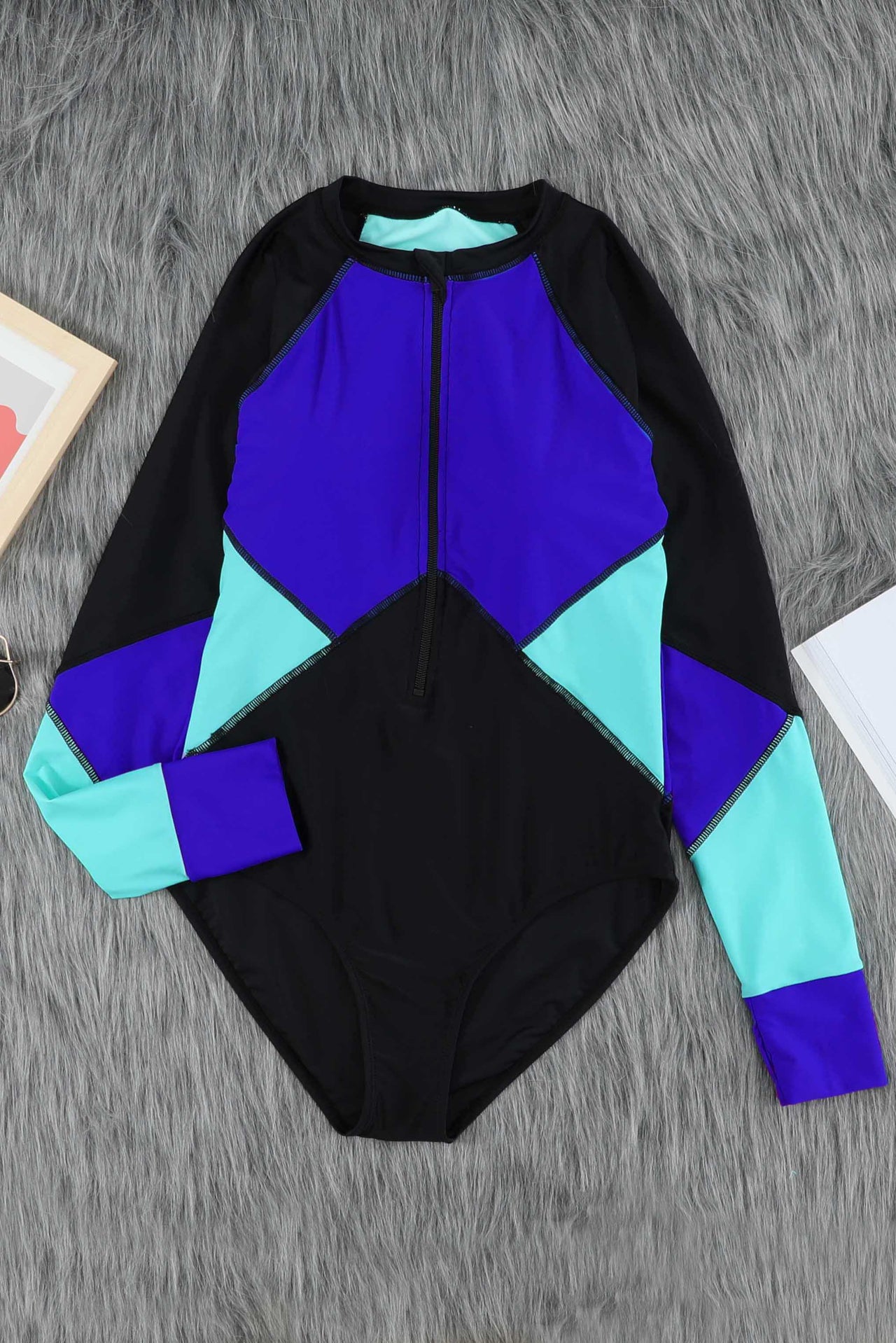 Color Block Half Zip Long Sleeve One-Piece Swimsuit - T - 3 COLORS -