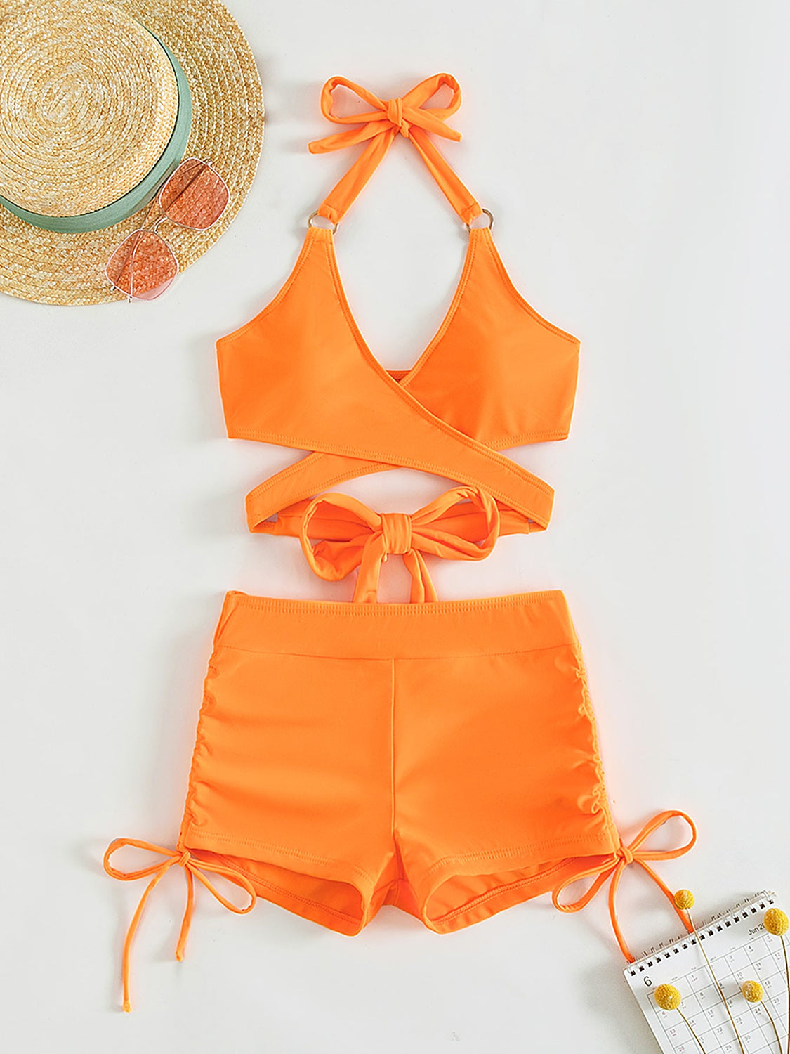 Crisscross Tied Top and Drawstring Shorts Swim Set - T - 4 COLORS -