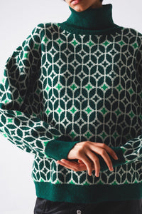 Thumbnail for Q2 - High Neck Jumper in Geo Pattern in Green - 1 COLOR -