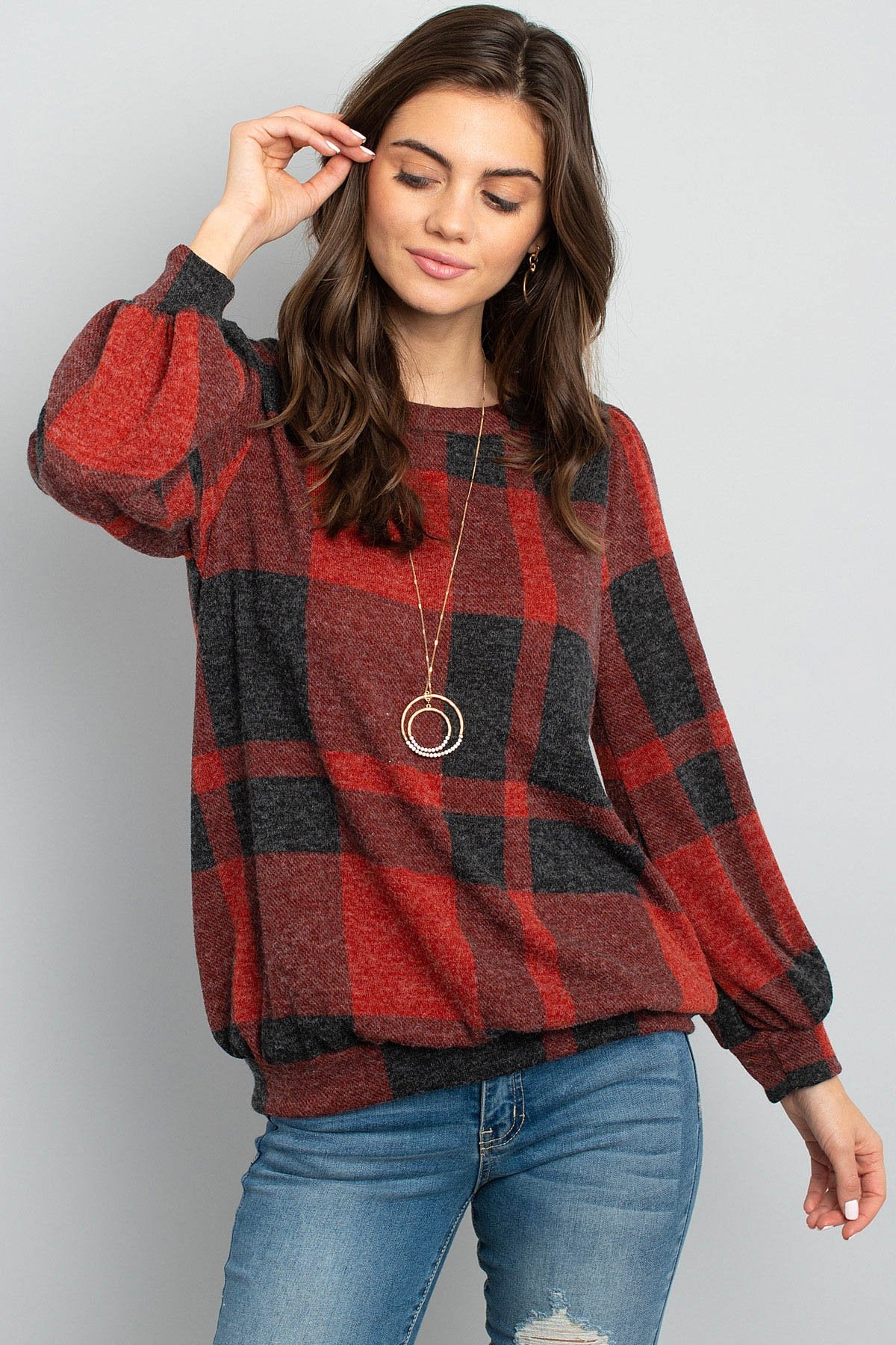 Riah Fashion - Plaid Round Neck Long Sleeve Top - 2 COLORS -