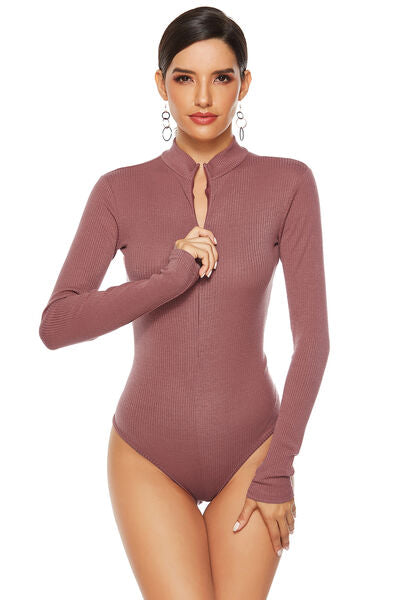 Full Size Ribbed Half Zip Long Sleeve Bodysuit - T - 4 COLORS -