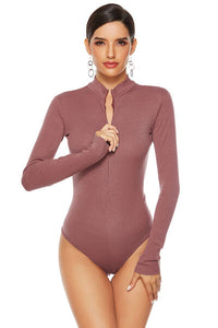 Thumbnail for Full Size Ribbed Half Zip Long Sleeve Bodysuit - T - 4 COLORS -