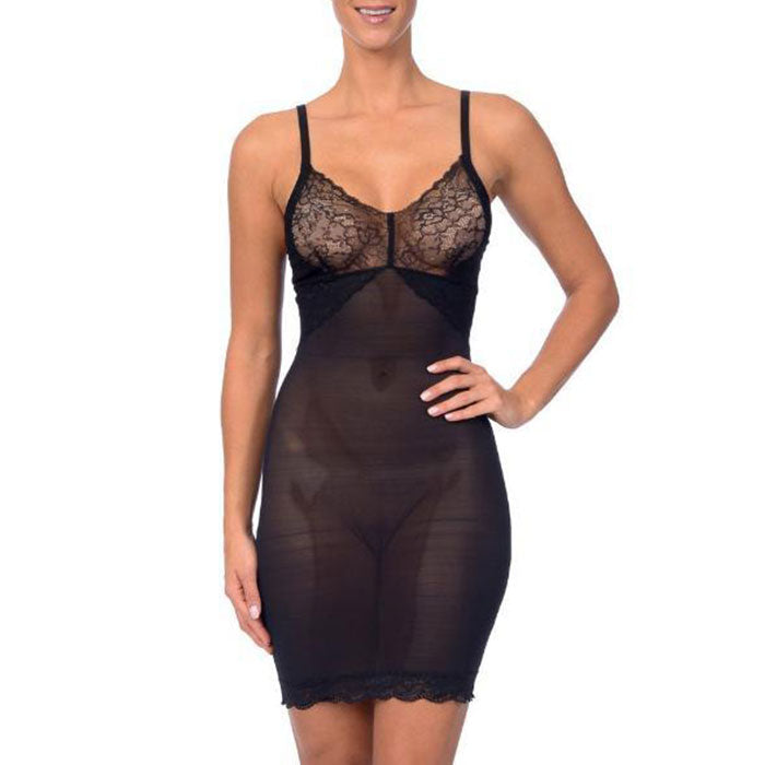 Hi Power Mesh Full Body Slip Shaper With Lace Detail at Bust Black -