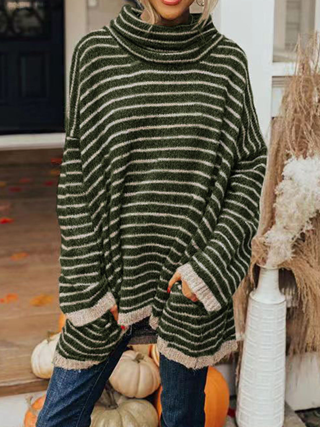 Striped Turtleneck Sweater with Pockets - T - 4 COLORS -