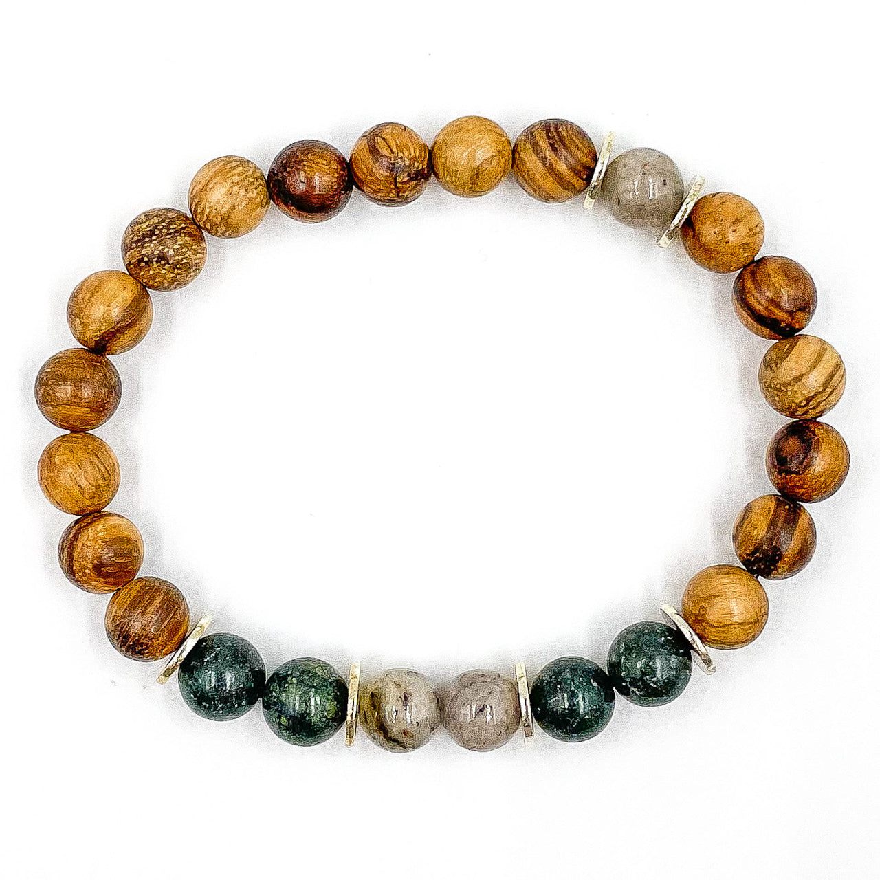 Central Premium - Gray Feldspar, Serpentine, & Sandalwood Mala Beaded Bracelet -