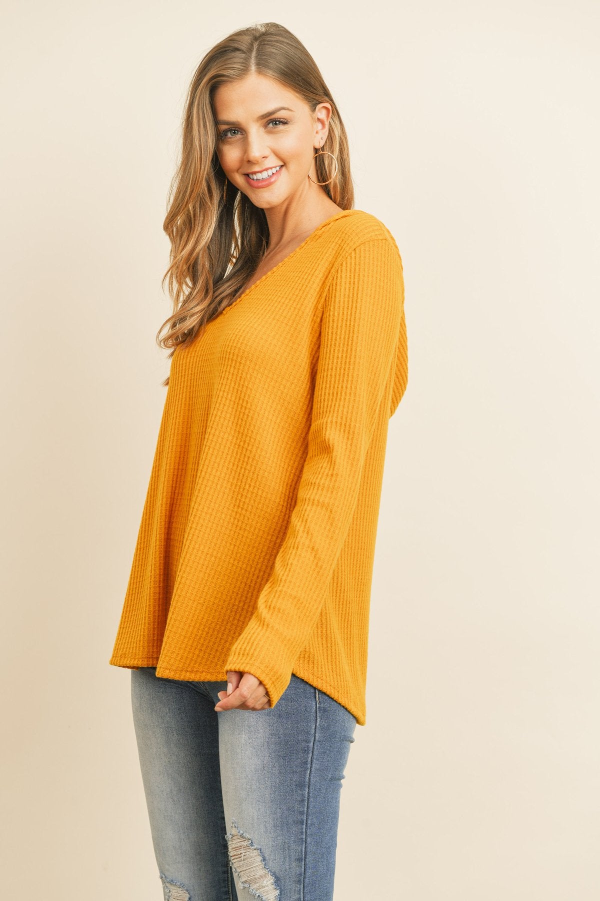 Riah Fashion - V-Neck Long Sleeved Waffle Top - 7 COLORS -