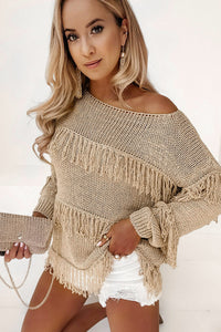 Thumbnail for Fringe Detail Long Sleeve Sweater - T - 2 COLORS -