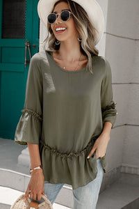 Thumbnail for Frill Trim Round Neck Blouse - T - 1 COLOR -