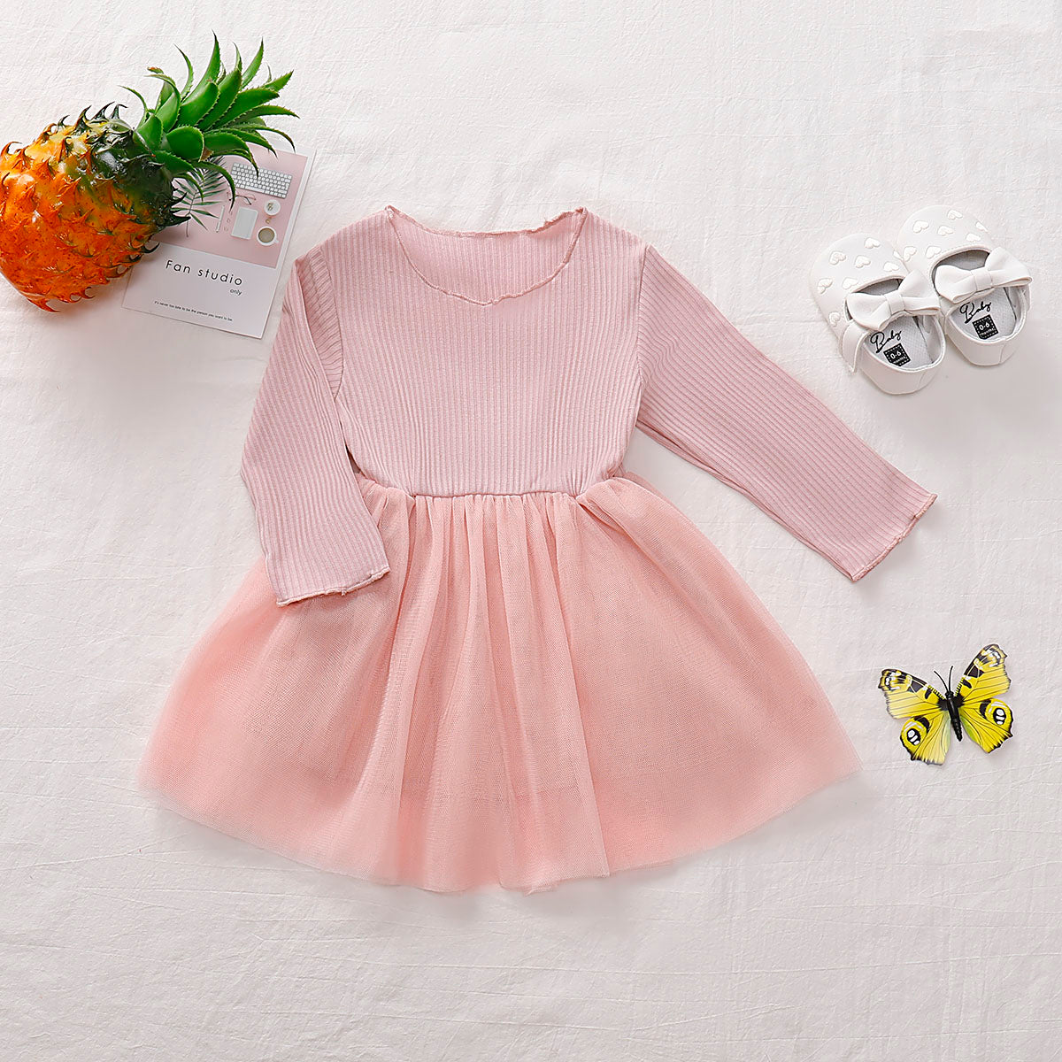 Girls Round Neck Ribbed Tulle Dress - T - 4 SIZES - 2 COLORS -