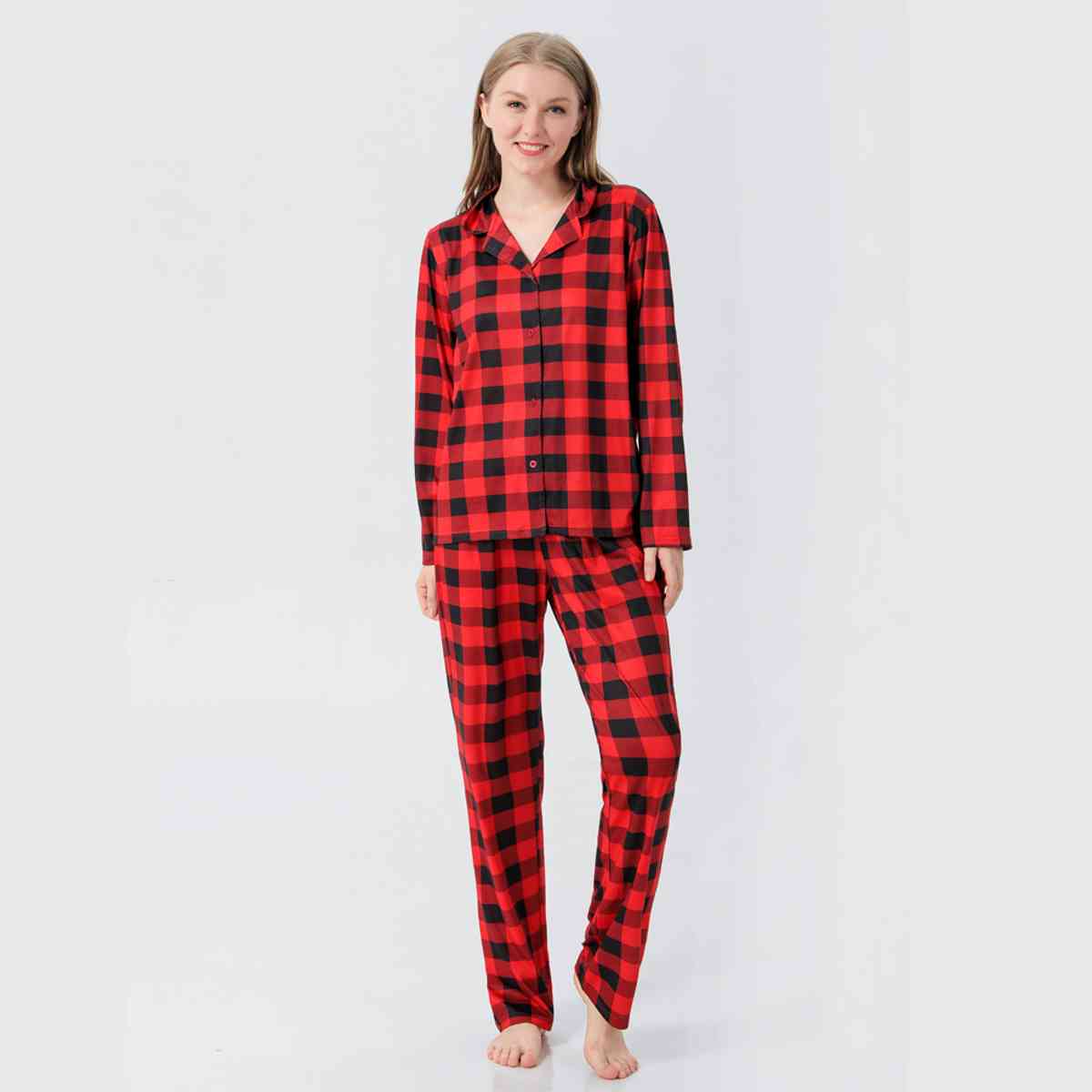 WOMEN Plaid Collared Neck Shirt and Pants Set - T -