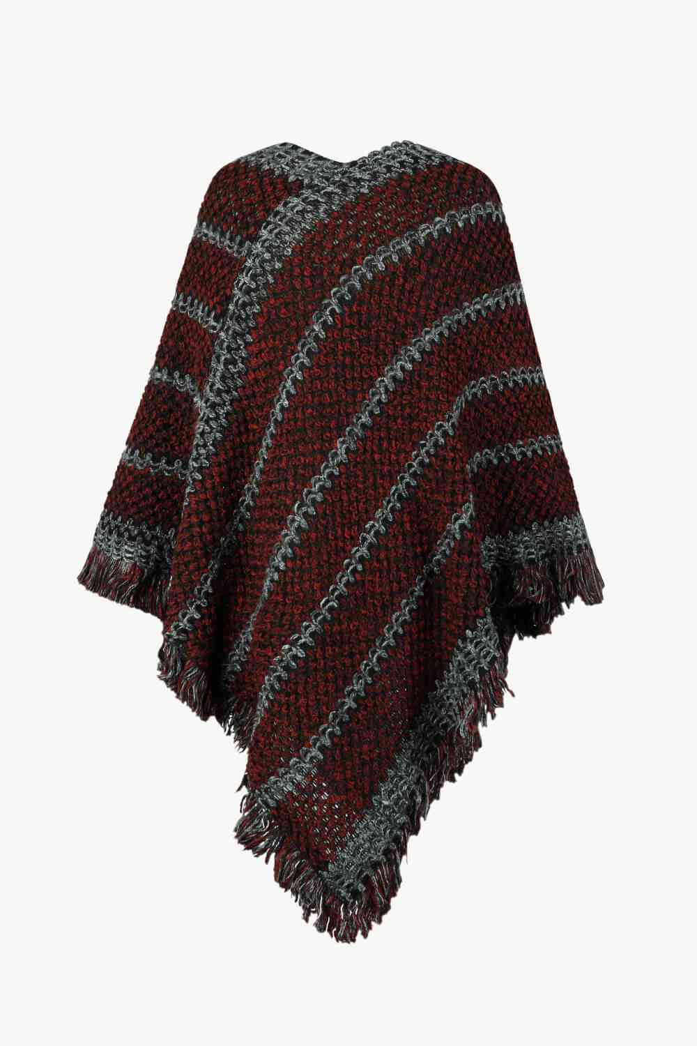 V-Neck Fringe Hem Poncho - ONE SIZE - T - 6 COLORS -