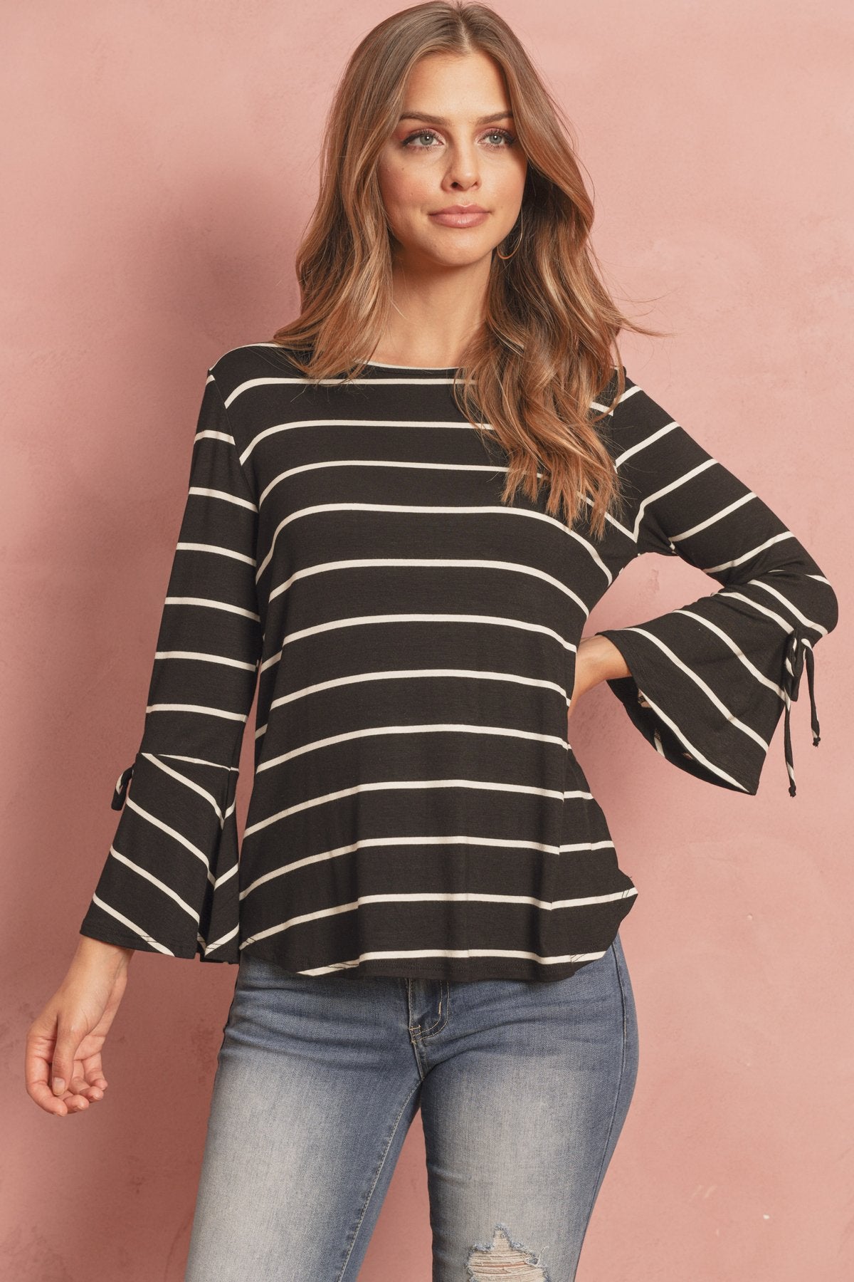 Riah Fashion - Stripe Flutter Sleeve Tie Top - 3 COLORS -