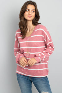 Thumbnail for Riah Fashion - Oversized Puff Sleeved V-Neck Striped Top - 4 COLORS -