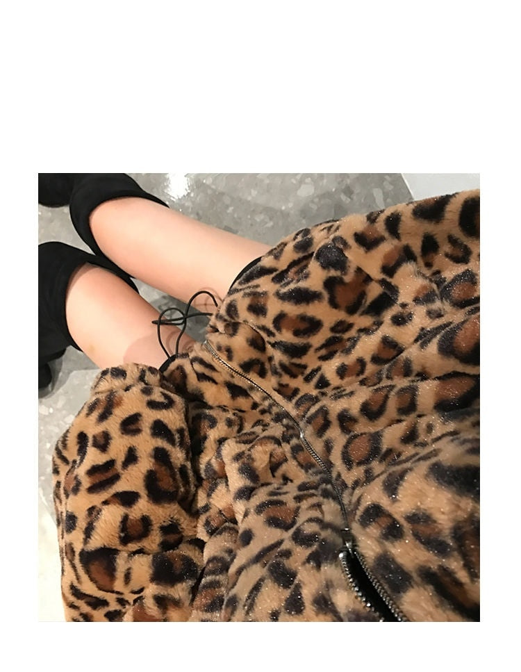 Sharon Tatem - Winter Leopard Print - Stand Collar - Warm Parka - Loose Faux Fur -