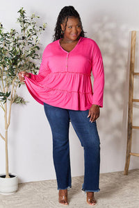 Thumbnail for Double Take Half Button Long Sleeve Ruffle Hem Blouse - SIZES S THRU 3XL - T - 7 COLORS -