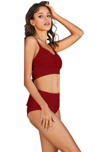 Thumbnail for Sexy Stretch Gathered Without Underwire Adjustment Shoulder Strap Top & High Waist Bikini Set - K - 3 COLORS -