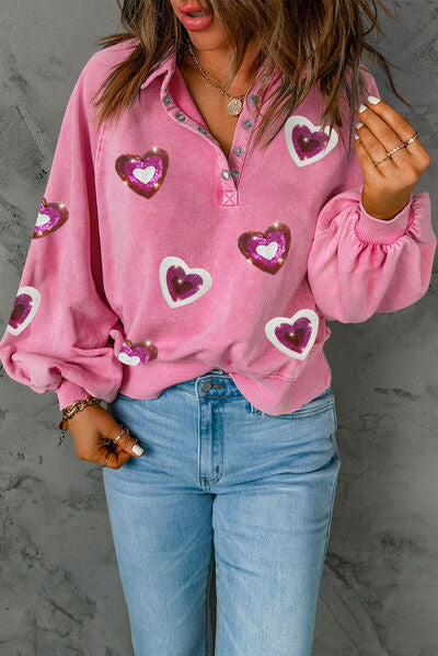 Heart Sequin Half Snap Mineral Wash Sweatshirt - T - 1 COLOR -