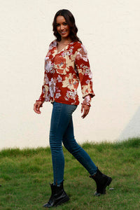 Thumbnail for Floral V-Neck Smocked Lantern Sleeve Blouse - T - 1 COLOR -