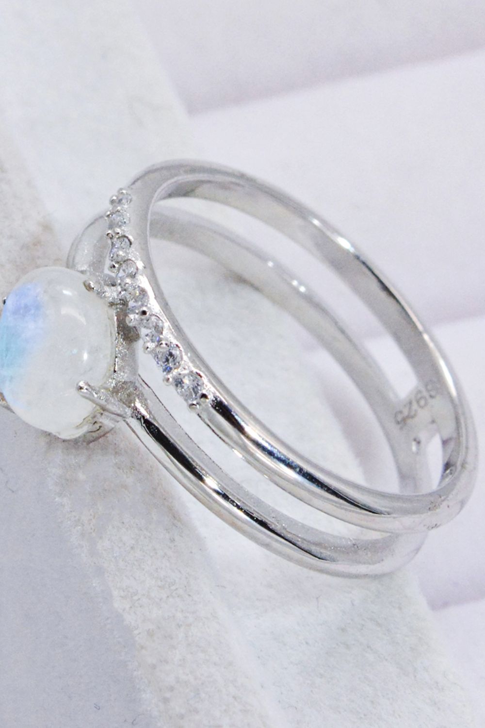 Natural Moonstone and Zircon Double-Layered Ring - T - SIZES 6 THRU 9 - 2 FINISHES -