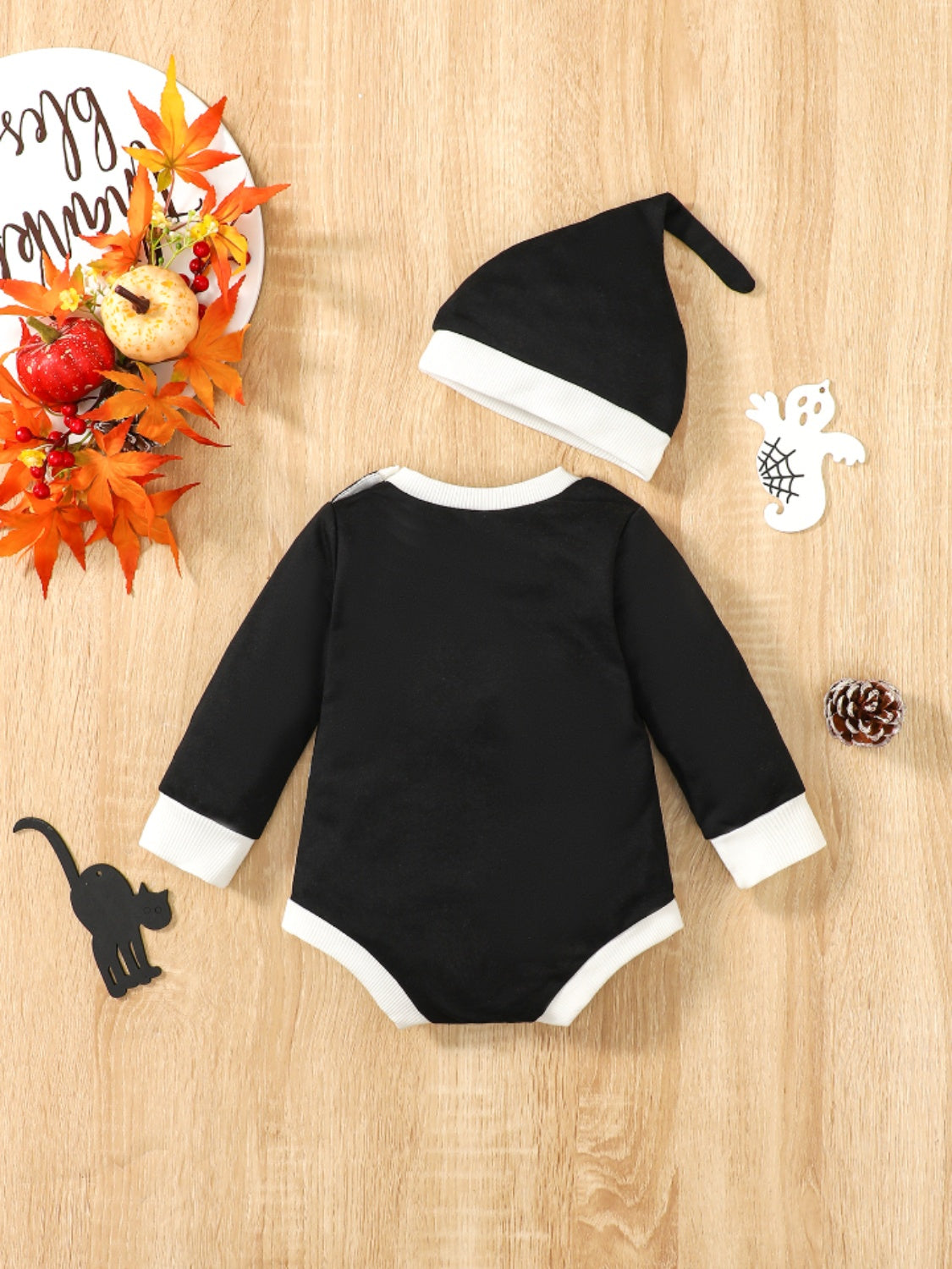 Ghost Graphic Long Sleeve Bodysuit with Beanie - 2 PCS - T - 2 COLORS -