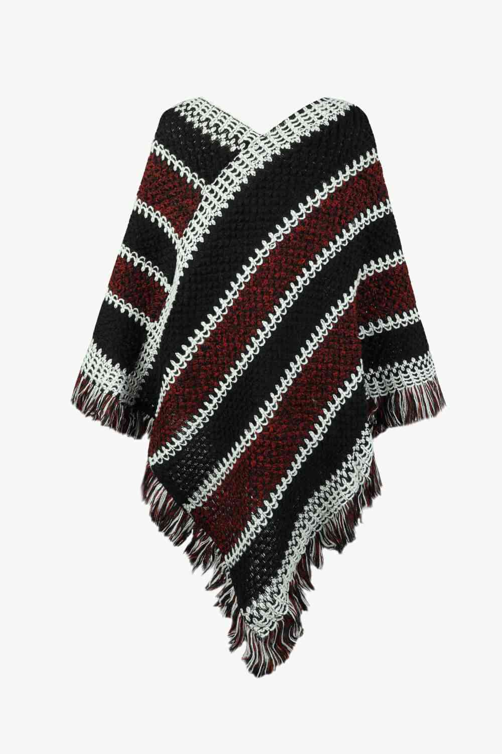 V-Neck Fringe Hem Poncho - ONE SIZE - T - 6 COLORS -