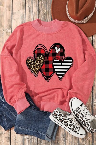 Heart Round Neck Dropped Shoulder Sweatshirt - T - 1 COLOR -