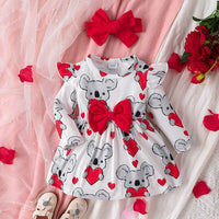 Thumbnail for Bow Ruffled Koala Print Long Sleeve Dress - 1 PC. - T - 1 COLOR -