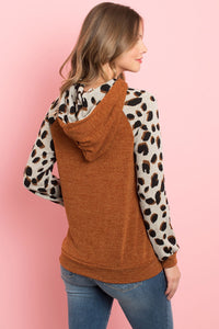 Thumbnail for Riah Fashion - Self Tie Leopard Contrast Kangaroo Pocket Hoodie - 2 COLORS -