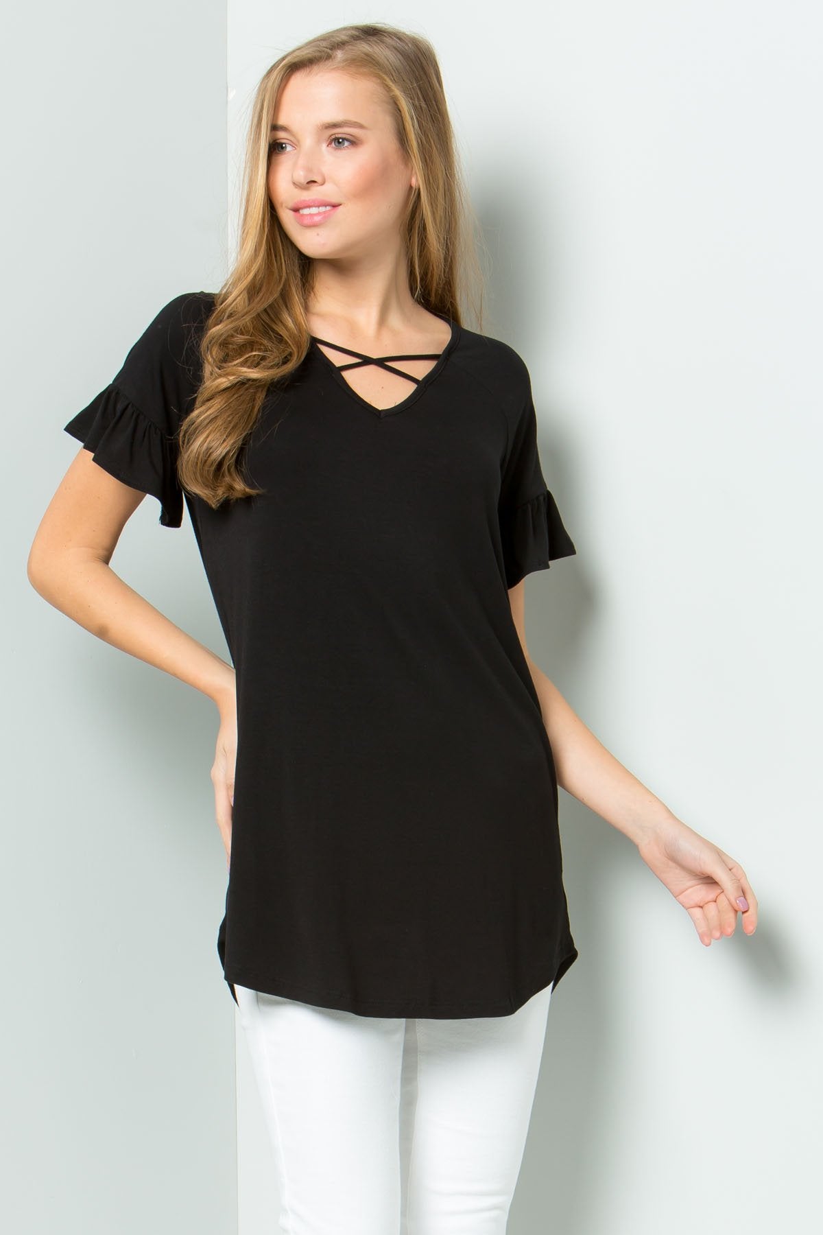 Ruffle Sleeve Criss Cross Tunic - 8 COLORS -