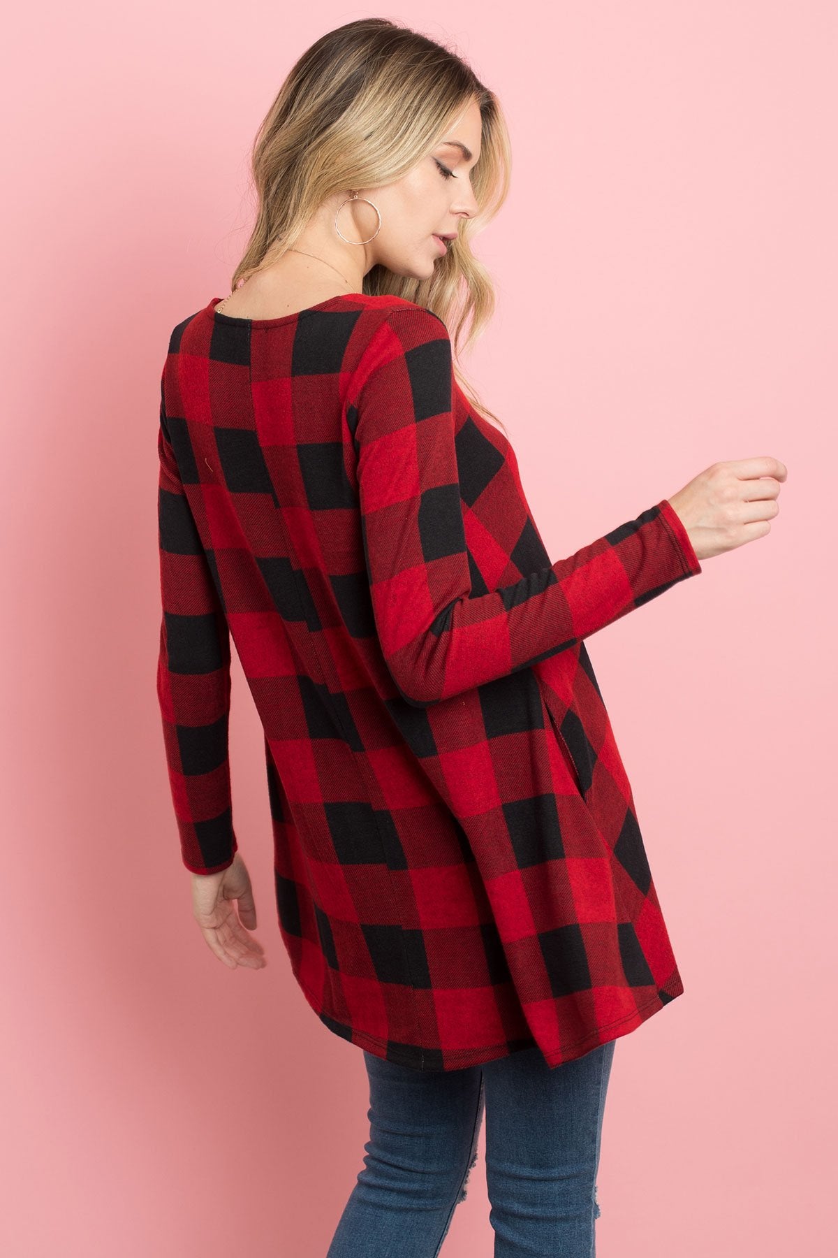 Riah Fashion - Plaid Long Sleeves A-Line Top - 4 COLORS -