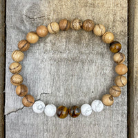 Thumbnail for Central - Tigers Eye, White Howlite, & Sandalwood Mala Beaded Bracelet -