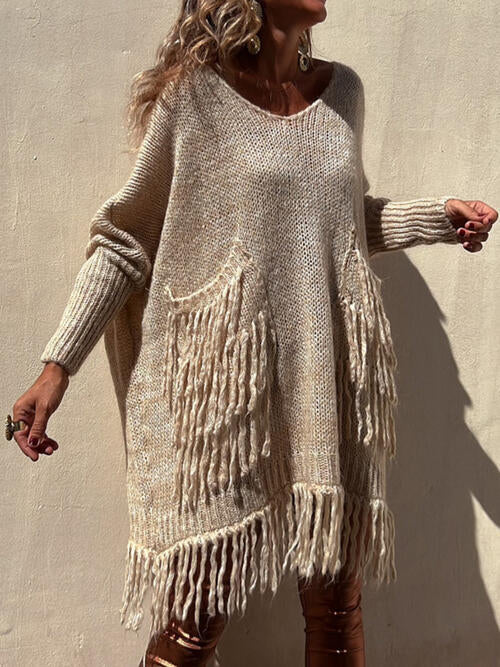 Fringe Detail Long Sleeve Sweater with Pockets - T - 3 COLORS -