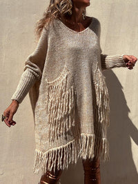 Thumbnail for Fringe Detail Long Sleeve Sweater with Pockets - T - 3 COLORS -