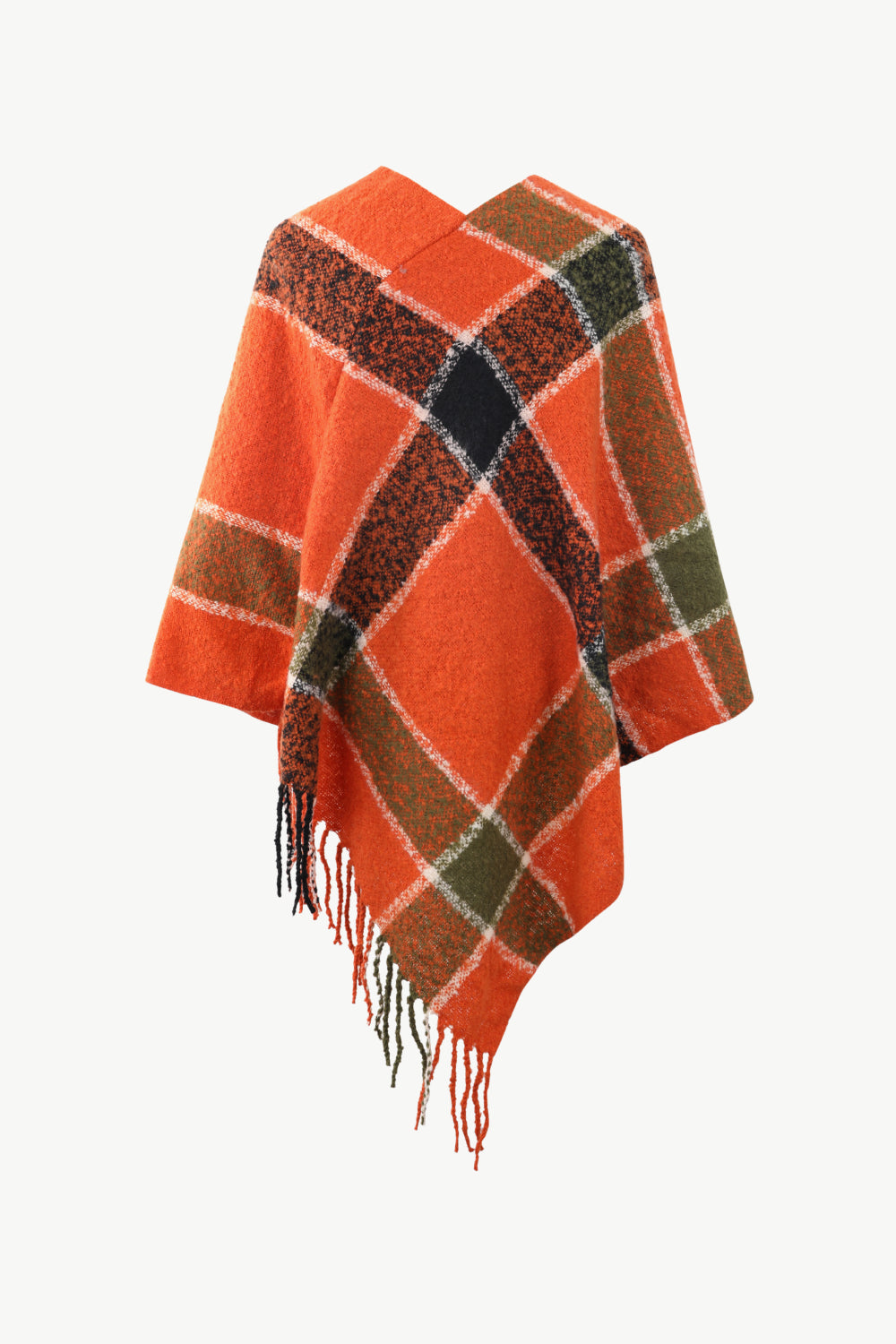 Plaid Fringe Detail Poncho - T - 7 COLORS -