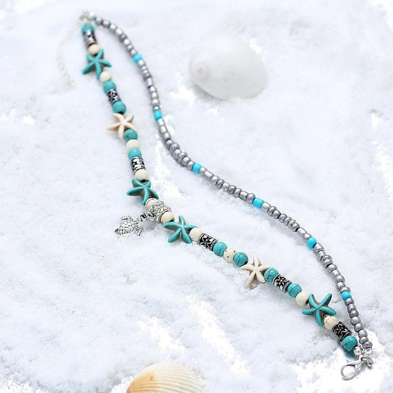 Vintage Double Beaded Turtle Starfish Boho Anklet -