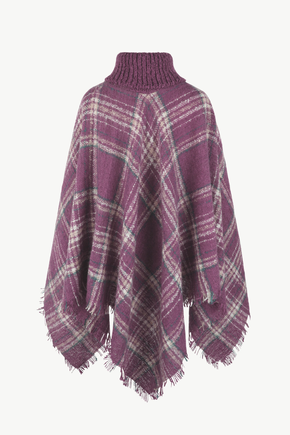 Plaid Turtleneck Fringe Hem Poncho - T - 6 COLORS -