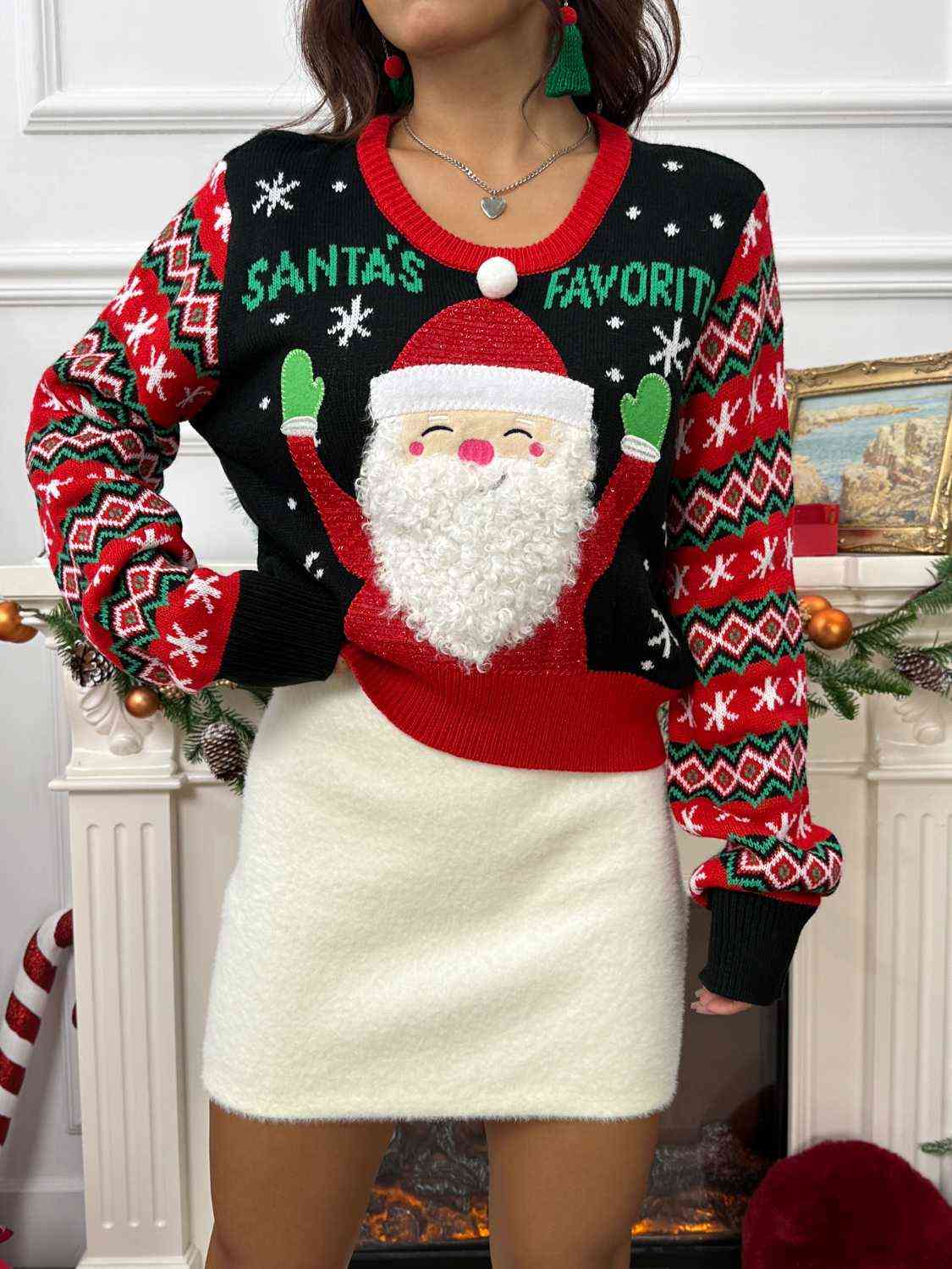 SANTA'S FAVORITE Graphic Long Sleeve Sweater - T - 1 COLOR -