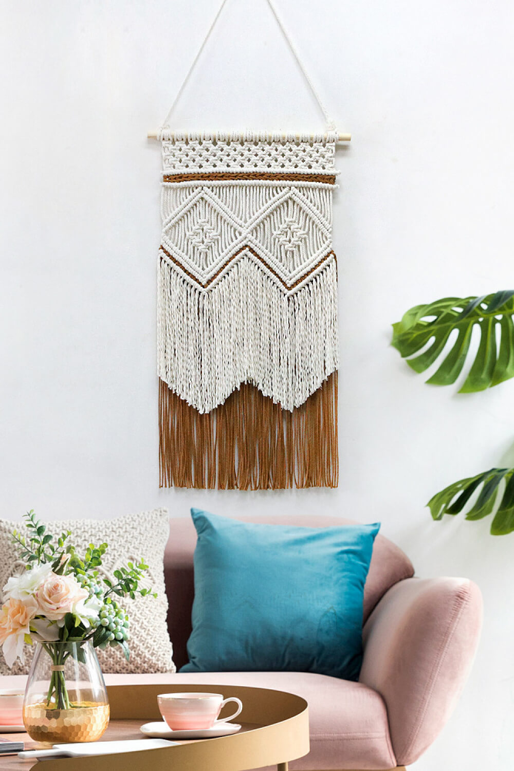 Two-Tone Handmade Macrame Wall Hanging - 27.5" X 15.7" - T - 1 COLOR SCHEME -